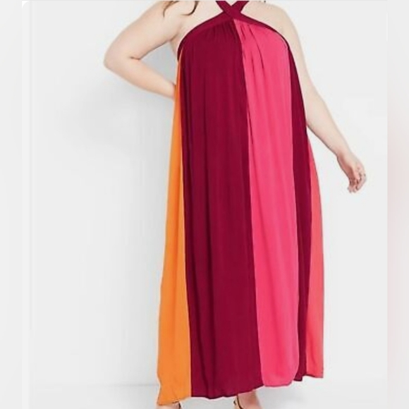 Lane Bryant Dresses & Skirts - Lane Bryant halter colorblock bold flowy maxi dress rust, orange and pink color